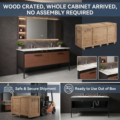 60"-96" Modern Bathroom Vanity with Double Sink, Leather Finish & LED Mirror
