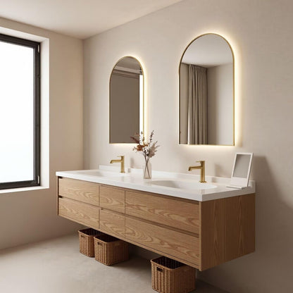 60"-96"Light Oak Floating Bathroom Vanity with Double Sink & Soft-Close Drawers