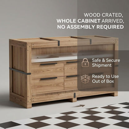 60"-96"Modern Oak Floating Bathroom Vanity with Double Sink & White Stone Countertop