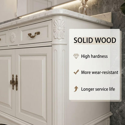 60"-96"Traditional White Double Sink Bathroom Vanity with Marble Top & Ornate Carvings