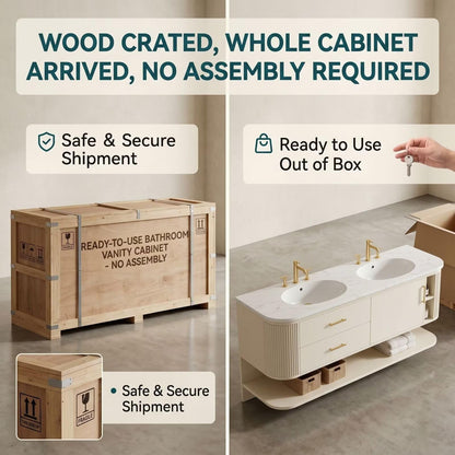 60"-96"Cream Bathroom Vanity with Double Sink, Marble Countertop & Open Shelf