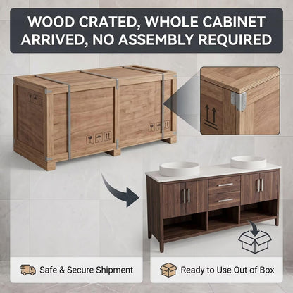 60"-96"Walnut Bathroom Vanity with Double Vessel Sinks & Storage Drawers