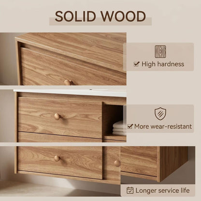 60"-96"Modern Floating Double Sink Bathroom Vanity with Storage Drawers, Oak Finish