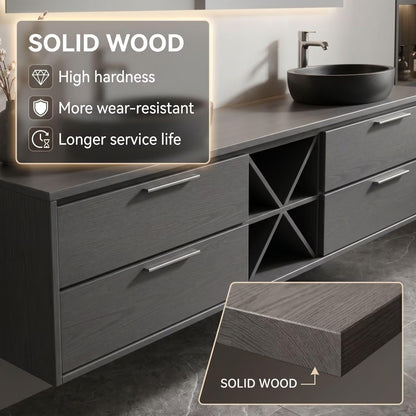 60"-96"Dark Gray Floating Bathroom Vanity with Double Vessel Sinks & Open Storage