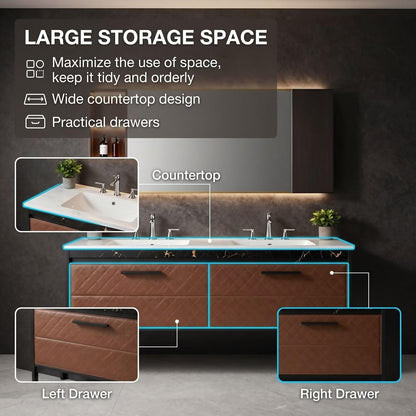60"-96" Modern Bathroom Vanity with Double Sink, Leather Finish & LED Mirror