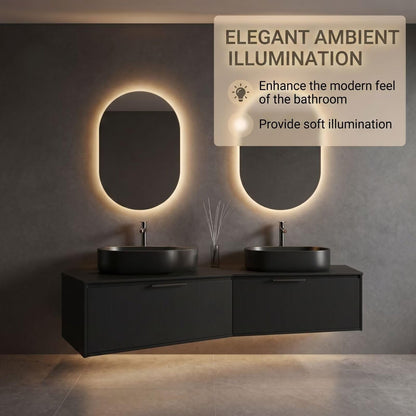 60"-96"Black Floating Bathroom Vanity with Double Vessel Sinks & LED Oval Mirrors