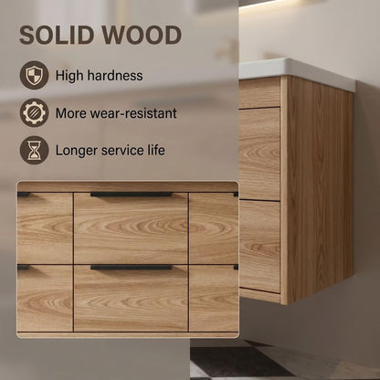 60"-96"Modern Oak Floating Bathroom Vanity with Double Sink & White Stone Countertop