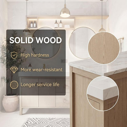 60"-96"Light Oak Double Sink Bathroom Vanity with Stone Top & Soft-Close Storage