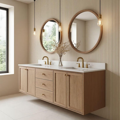 60"-96"Floating Oak Bathroom Vanity with Double Sink, Wall-Mounted Cabinet & Drawers