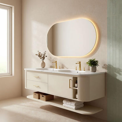 60"-96"Cream Bathroom Vanity with Double Sink, Marble Countertop & Open Shelf