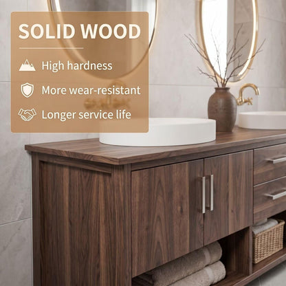 60"-96"Walnut Bathroom Vanity with Double Vessel Sinks & Storage Drawers