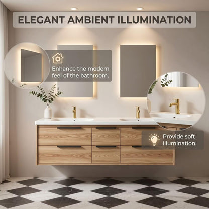 60"-96"Modern Oak Floating Bathroom Vanity with Double Sink & White Stone Countertop