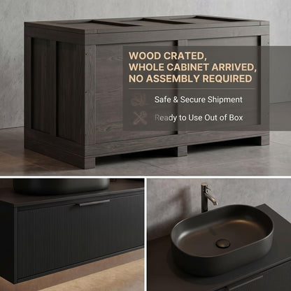 60"-96"Black Floating Bathroom Vanity with Double Vessel Sinks & LED Oval Mirrors