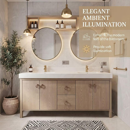 60"-96"Light Oak Double Sink Bathroom Vanity with Stone Top & Soft-Close Storage