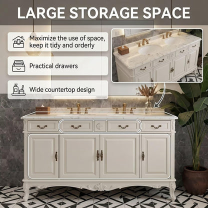 60"-96"Traditional White Double Sink Bathroom Vanity with Marble Top & Ornate Carvings
