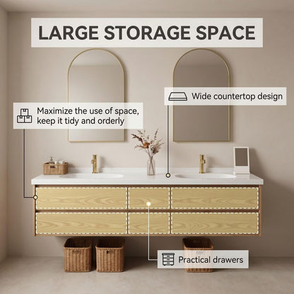60"-96"Light Oak Floating Bathroom Vanity with Double Sink & Soft-Close Drawers