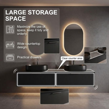 60"-96"Black Floating Bathroom Vanity with Double Vessel Sinks & LED Oval Mirrors