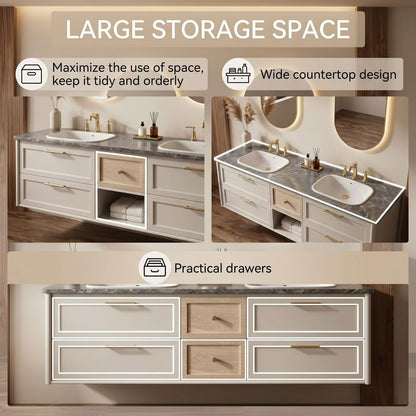 60"-96"Floating White Bathroom Vanity with Double Sink & LED Oval Mirrors