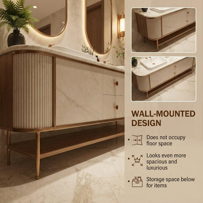 60"-96"Modern Luxury Bathroom Vanity, Double Sink with Marble Top & Gold Accents