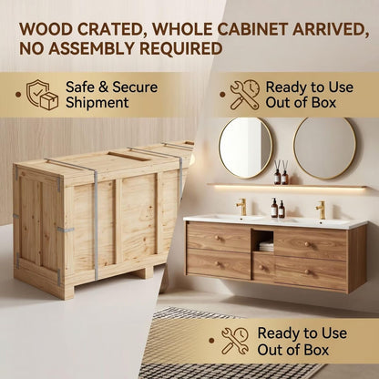 60"-96"Modern Floating Double Sink Bathroom Vanity with Storage Drawers, Oak Finish