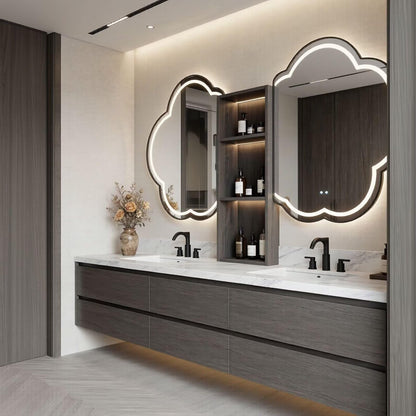 60"-96"Modern Floating Bathroom Vanity, Double Sink with LED Cloud Mirrors