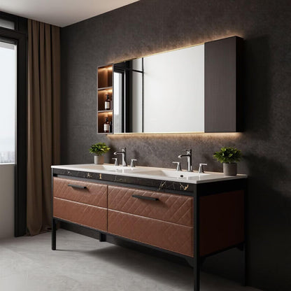 60"-96" Modern Bathroom Vanity with Double Sink, Leather Finish & LED Mirror