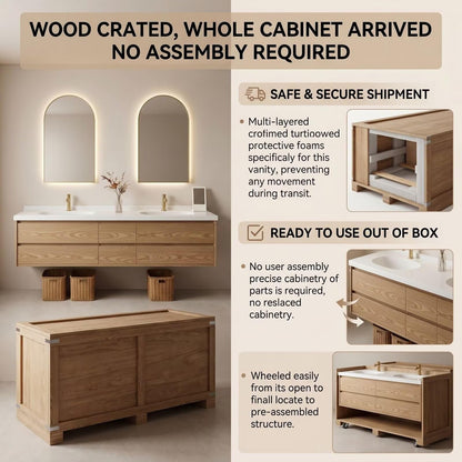 60"-96"Light Oak Floating Bathroom Vanity with Double Sink & Soft-Close Drawers
