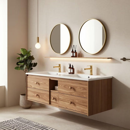 60"-96"Modern Floating Double Sink Bathroom Vanity with Storage Drawers, Oak Finish
