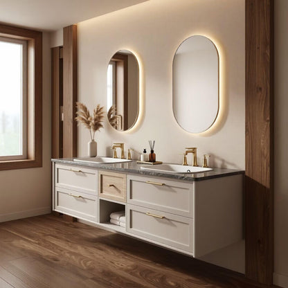 60"-96"Floating White Bathroom Vanity with Double Sink & LED Oval Mirrors