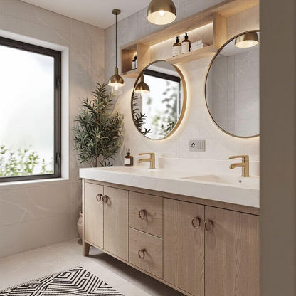 60"-96"Light Oak Double Sink Bathroom Vanity with Stone Top & Soft-Close Storage