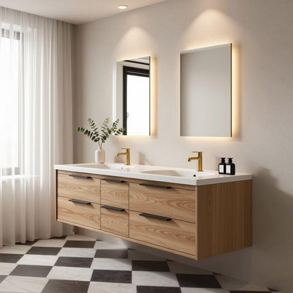 60"-96"Modern Oak Floating Bathroom Vanity with Double Sink & White Stone Countertop