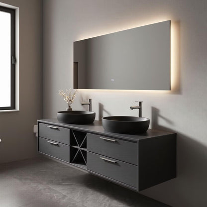 60"-96"Dark Gray Floating Bathroom Vanity with Double Vessel Sinks & Open Storage