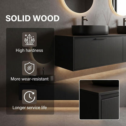 60"-96"Black Floating Bathroom Vanity with Double Vessel Sinks & LED Oval Mirrors