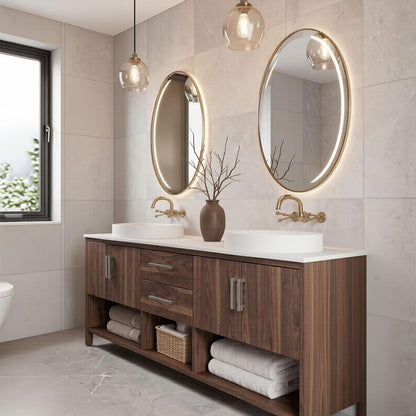 60"-96"Walnut Bathroom Vanity with Double Vessel Sinks & Storage Drawers