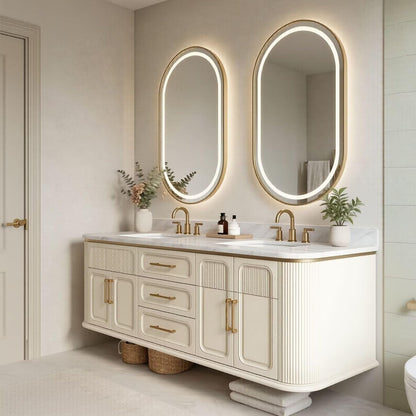 60"-96"Cream White Fluted Bathroom Vanity with Double Sink & Marble Top, Gold Hardware