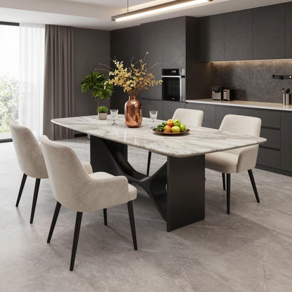 55.12"-78.74"White Marble Dining Table, Modern Rectangular Kitchen Table with Black X-Style Base