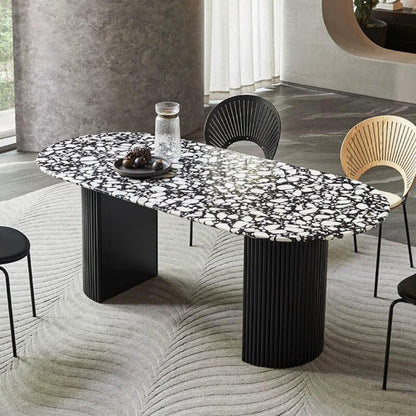 55.12"-70.87"Oval Terrazzo Dining Table, Durable Black Fluted Base