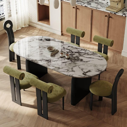 55.12"-70.87"White Marble Oval Dining Table, Modern Table with Black Pedestal Base