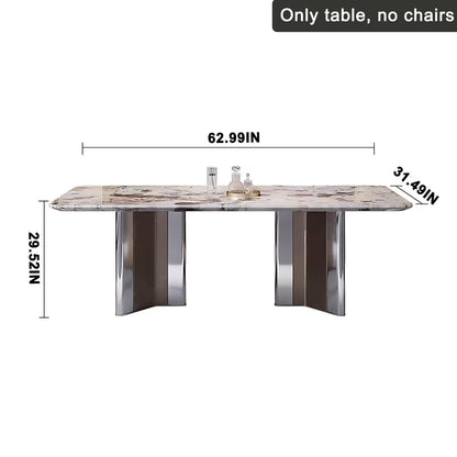 55"-71"Luxury Sintered Stone Dining Table, Rectangular with Marble-Look Top & Metal Base