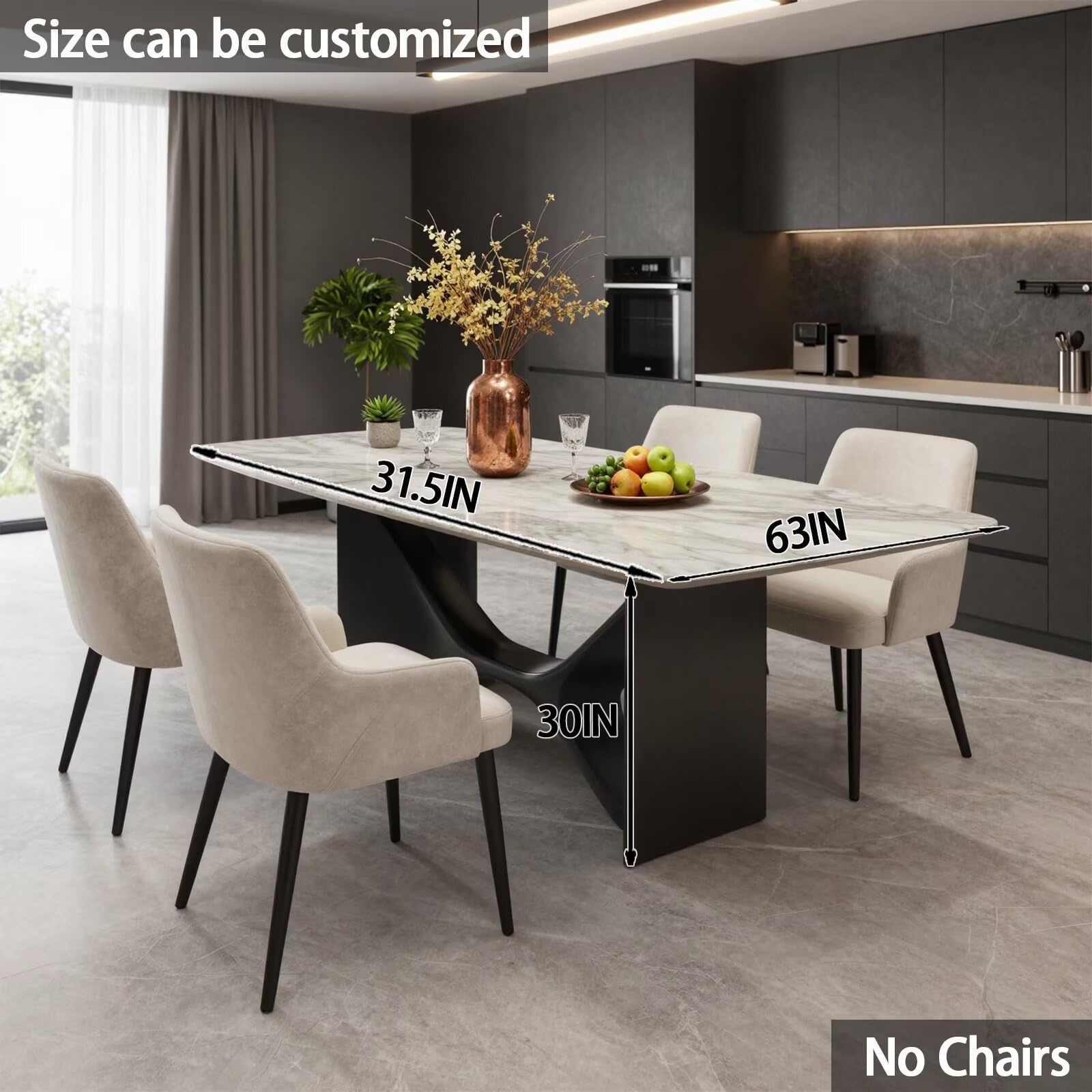 55.12"-78.74"White Marble Dining Table, Modern Rectangular Kitchen Table with Black X-Style Base