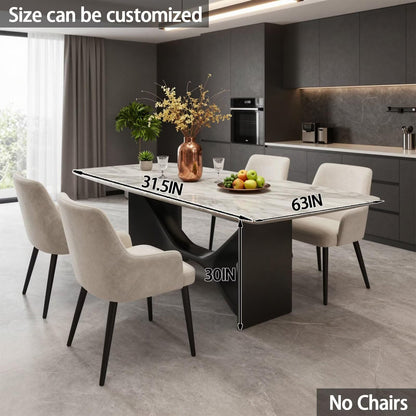 55.12"-78.74"White Marble Dining Table, Modern Rectangular Kitchen Table with Black X-Style Base