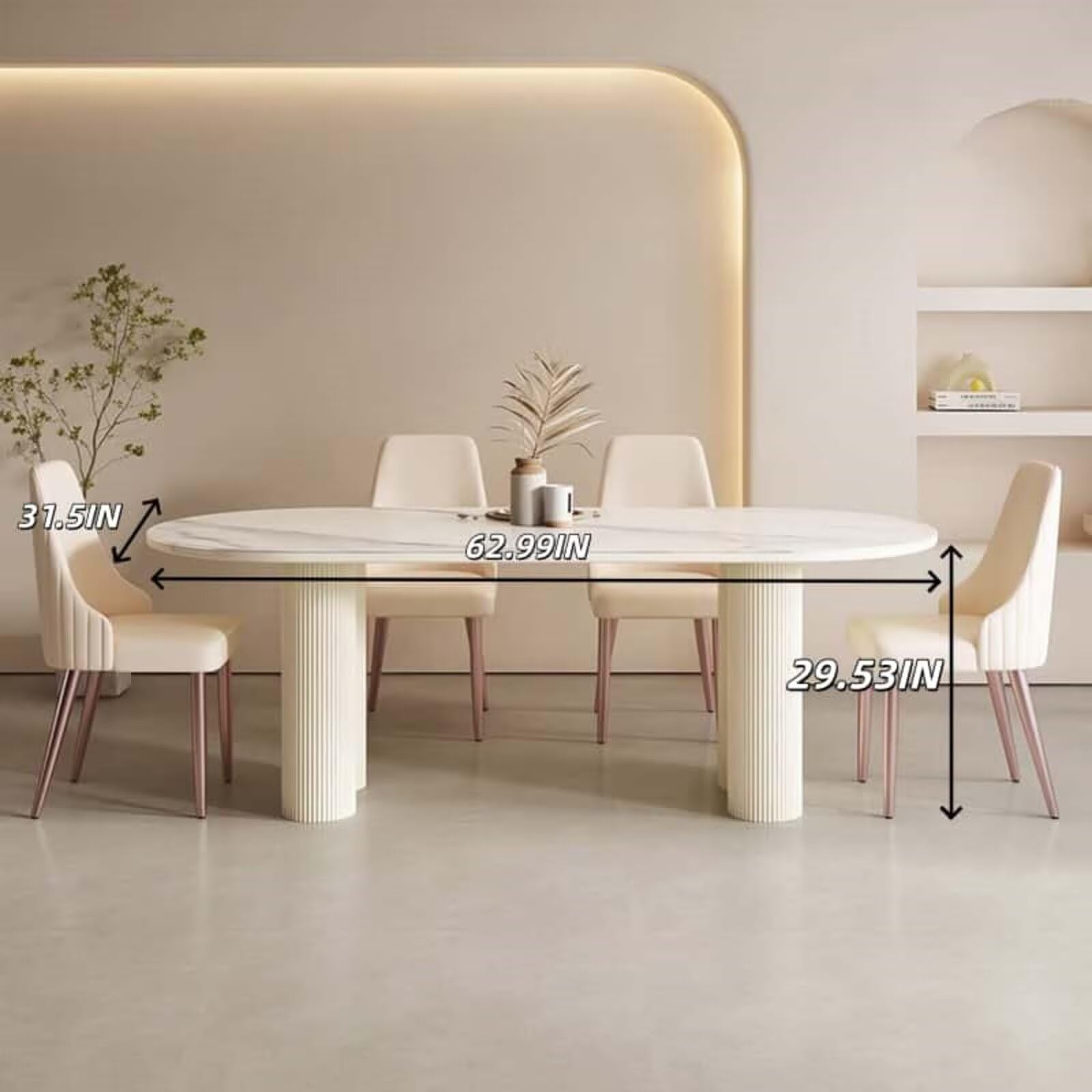 55.12"-78.74"Oval White Marble Dining Table, Modern Table with Fluted Cream Pedestal Base