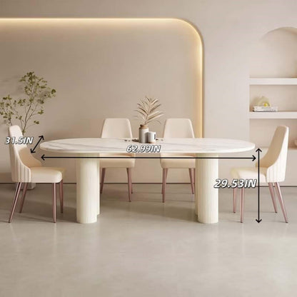 55.12"-78.74"Oval White Marble Dining Table, Modern Table with Fluted Cream Pedestal Base