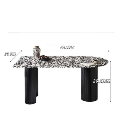 55.12"-70.87"Oval Terrazzo Dining Table, Durable Black Fluted Base
