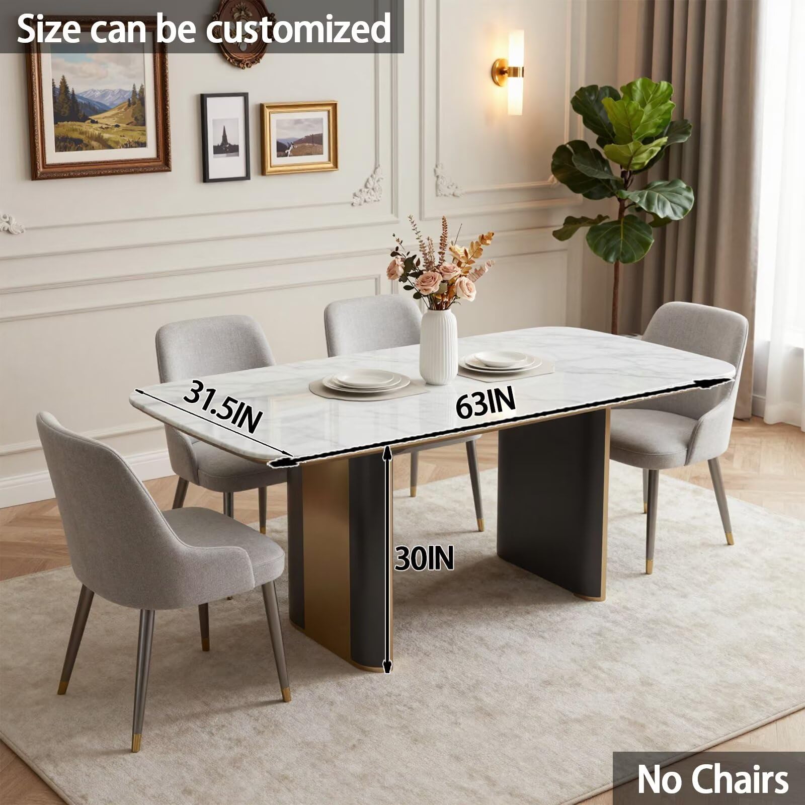 55.12"-78.74"Modern White Marble Dining Table, Luxury Kitchen Table with Sleek Gold Trim Base