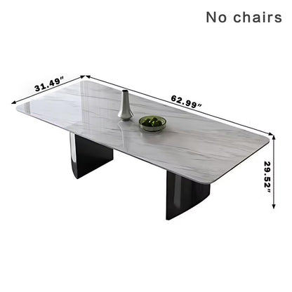 55.11"-70.86"Rectangular Sintered Stone Dining Table, White Marble Top with Black Metal Base
