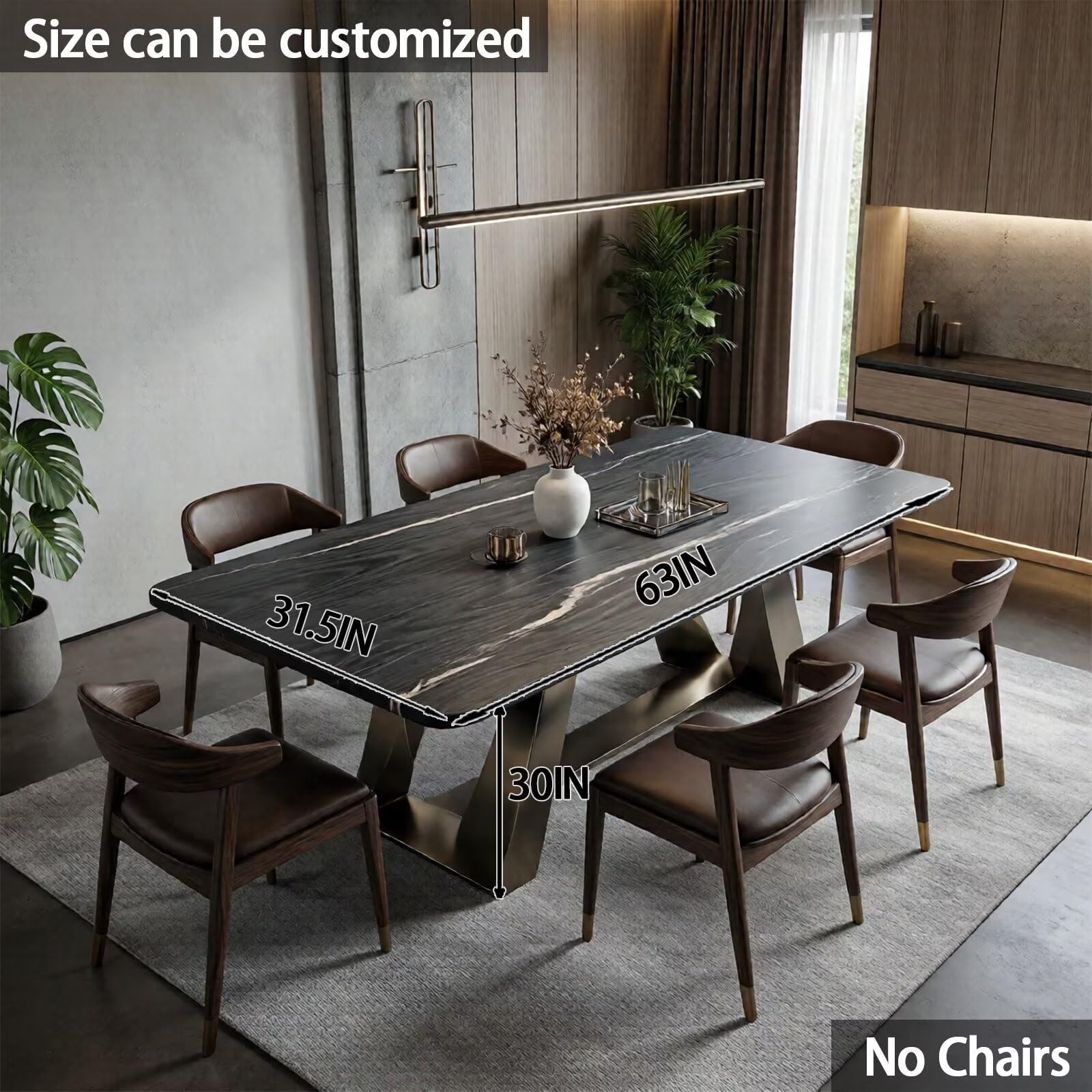 55.12"-78.74"Modern Dark Marble Dining Table, Contemporary Table with Unique V-Shaped Metal Legs