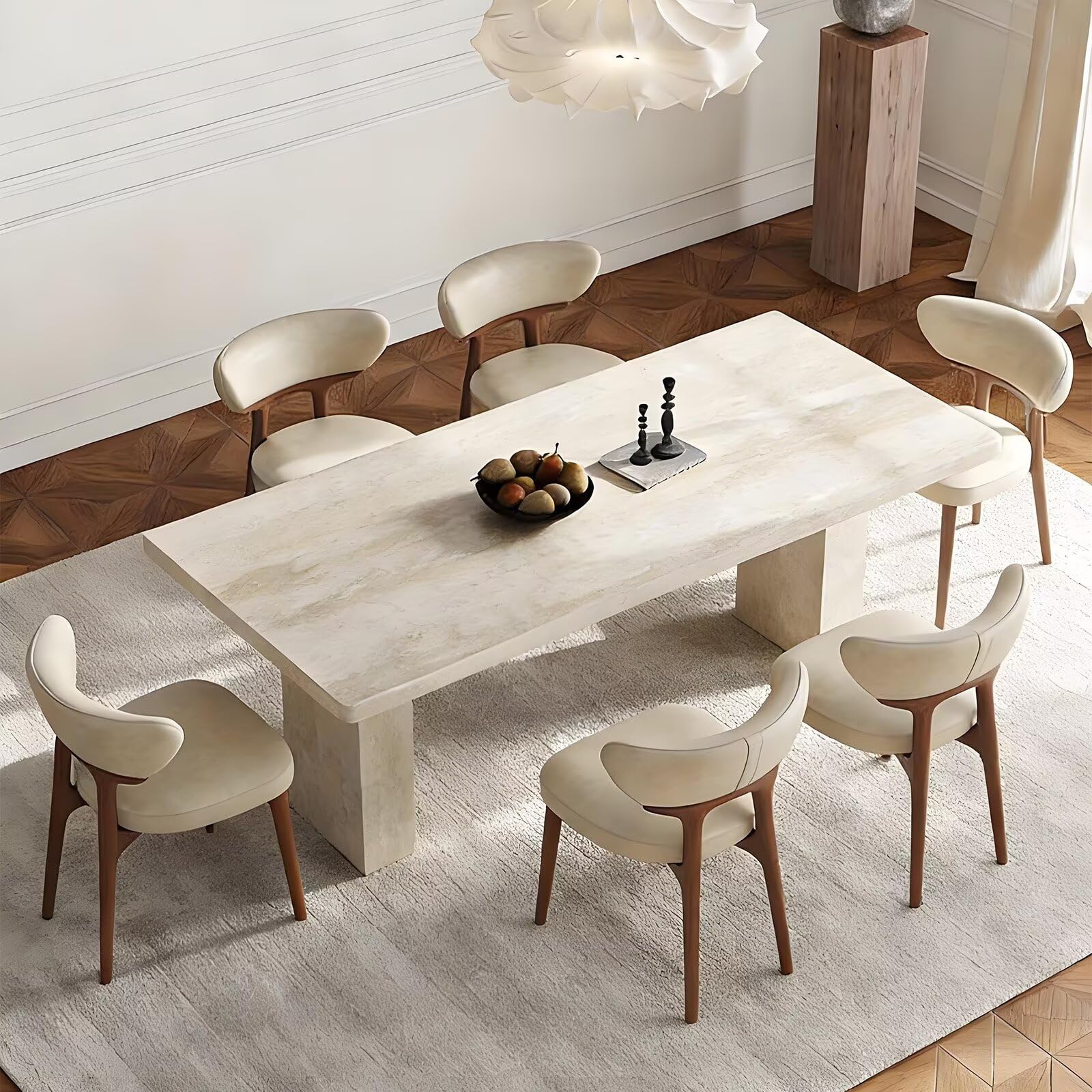 62"-78"Modern Travertine Dining Table, Rectangular Stone Table with Thick Base for 6-8