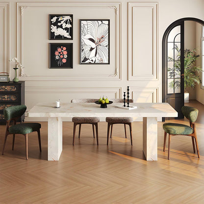 62"-78"Modern Rectangular Dining Table with Natural Marble Top & Thick Block Legs