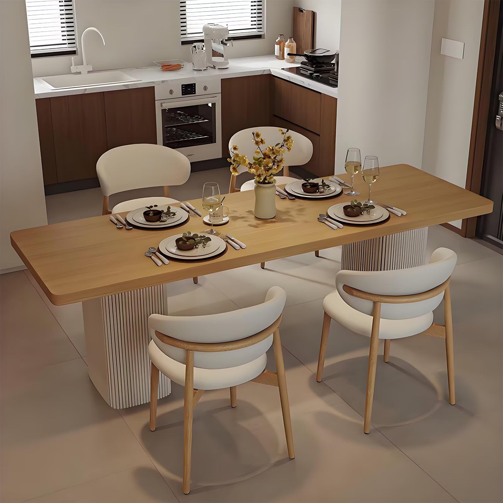 62"-78"Modern Japandi Dining Table, Light Wood Top with Fluted Base for 4-6 People
